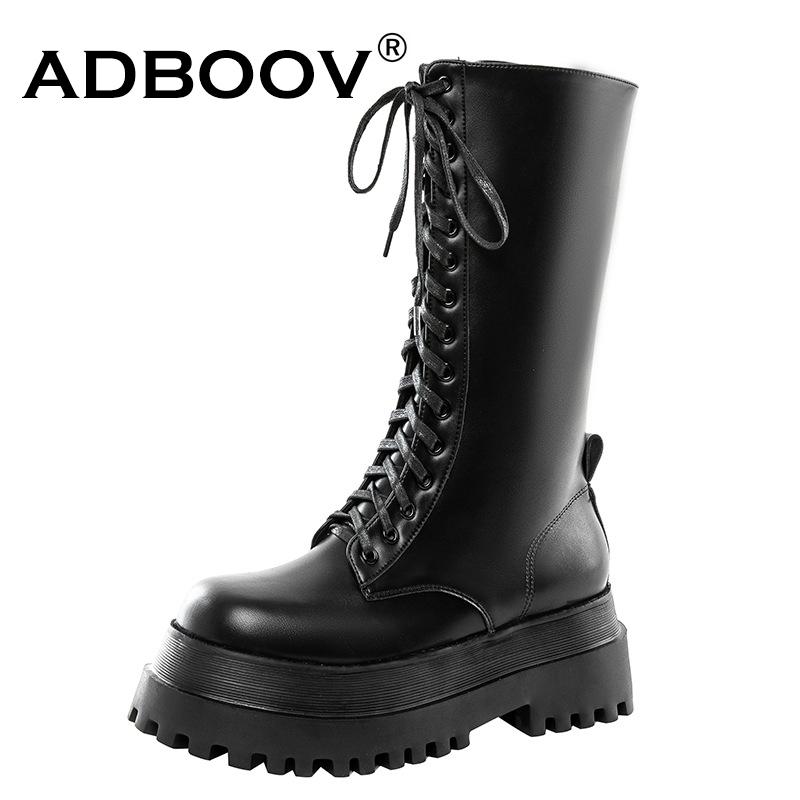 

ADBOOV Thick Sole Motorcycle Boots Women Platform Leather High Boots Ladies Side Zip Female Shoes Black, Short black