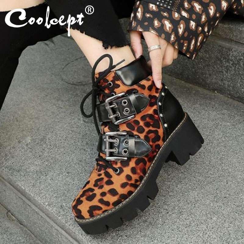 

Coolcept High Quality Pu Leather Fashion Punk Motorcycle Boots Rivets Platform Shoes Woman Thick Bottom Winter Boots Size 32-43, Black