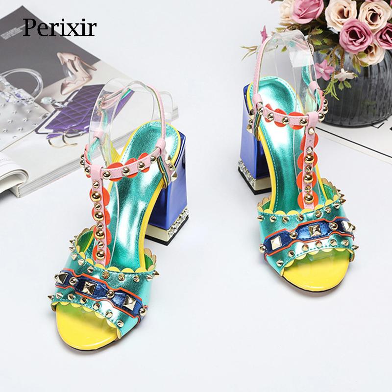

Perixire Design Women Sandals 2021 Summer New River Square Heel 10cm PU Multicolor High Quality Comfortable Lady Shoes CY036