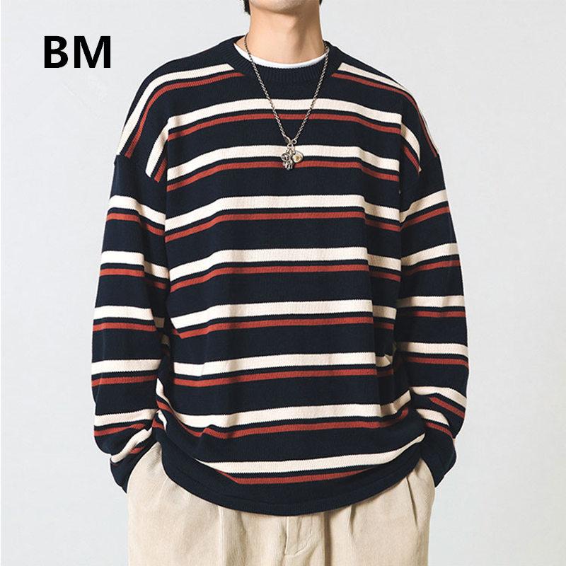 

2020 Japanese Streetwear High Quality Striped Sweater Men Clothing Korean Fashion Pullover Autumn Winter Harajuku Contrast Tops, Navy blue