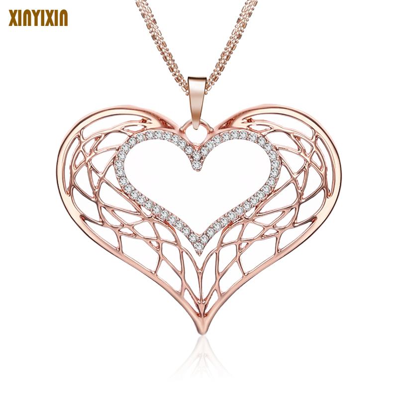 

Pendant Necklaces Elegant Exaggerated Heart Women Hollow Crystal Rose Gold Big Long Necklace 2021 Party Christmas Gifts