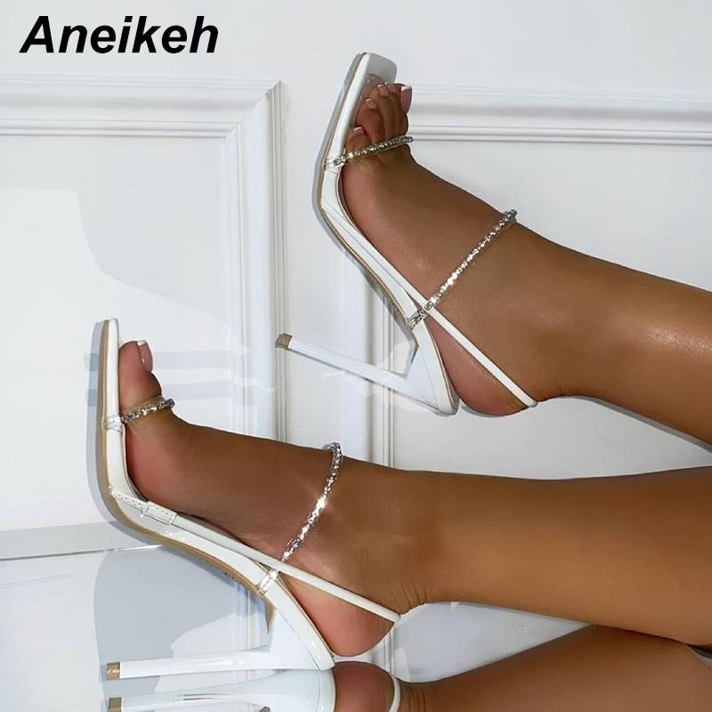 

Aneikeh PVC Women's Shoes Fashion Bling Shallow Narrow Band Zapatos De Mujer 2021 Summer Pointed Toe High Heels Wedding Sandals, Black