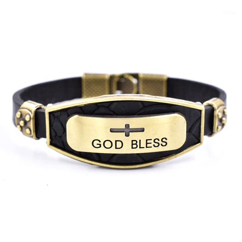

Charm Bracelets Gothic Punk Retro Jesus Cross God Bless Leather Bracelet For Men Women Fashion Jewelry Gift Christmas Party1