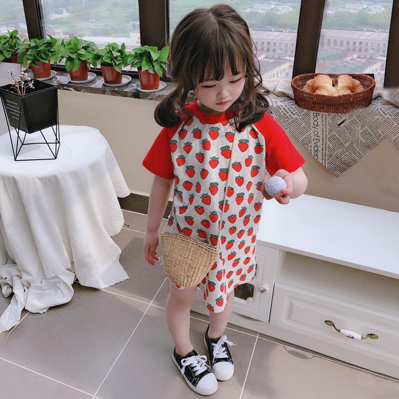 

Summer New Fashion Children Cute Strawberry Pattern Children Shirt Girls Comfortable Crew Neck Contrast Color Dresses, As shown in image