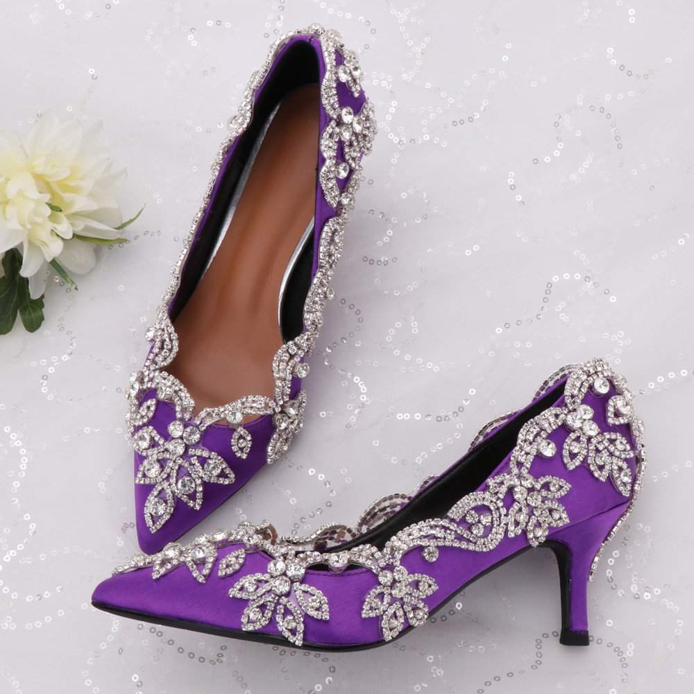 

Party Floral diamond hand decorated with purple high heels surface satin luxury annual feast General meeting shoes DRUO