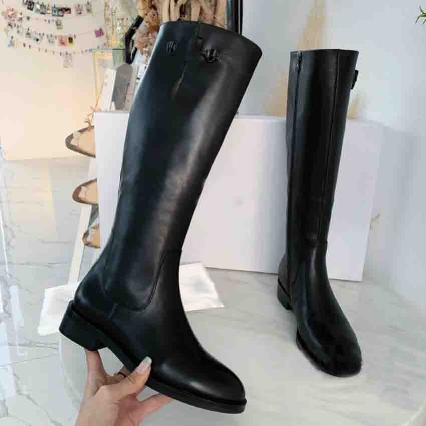 

Black Genuine Leather lady boot Knee over boots long Boots Woman Casual Low Heel Shoes winter fashion booty words designs luxurys designers
