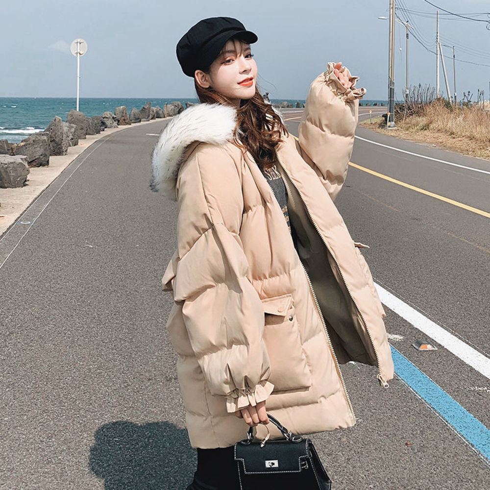

Big Fur Collar Women Winter 2020 New Jacket Coats Woman Down Cotton Parkas Coat Casual Loose Outwear, Pea green