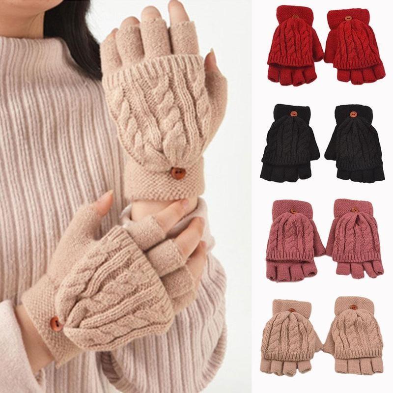 

1 Pair Fingerless Gloves Woman Half Finger Mittens Gloves Warmer Flip Knitted Thicken Artificial Wool Half Finger