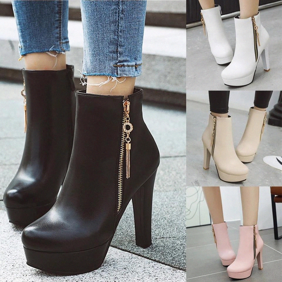 

Platform Casual Middle Tube Booties Women Side Zip Leather Square Heel Ankle Bare Boots European Ladies shoes #Cp8h, Black