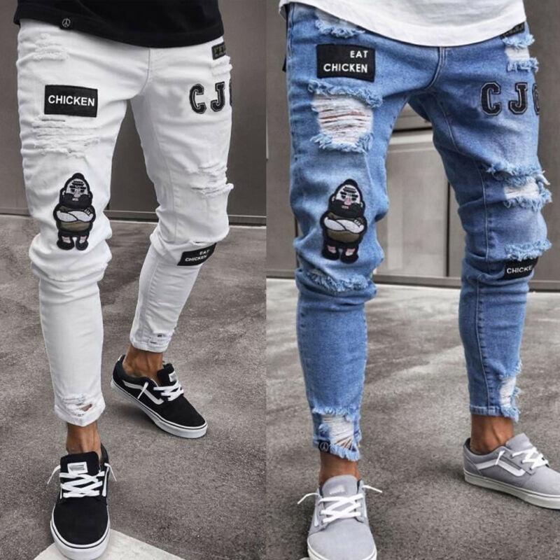 

Men Ripped Jeans Super Skinny Fit Zipper Denim Pant Destroyed Frayed Trousers Cartoon Gothic Style Pant Men Clothes, Blue