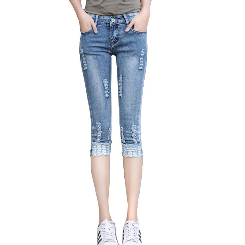 

Summer Skinny Capris Jeans Woman Plus Size Stretch Ripped Denim Shorts Jeans Pants Slim Cropped Women Denim Pencil Pants, Blue