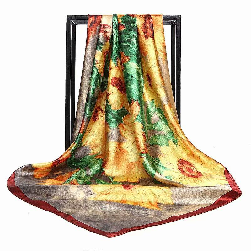 

Scarves 90*90cm Summer Women Silk Foulard Square Scarf Ladies Beach Shawl Bandanna Large Hijab Muffler Female DH014