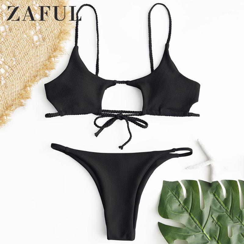 

ZAFUL Bikini Braided Ribbed Cutout Bikini Set Spaghetti Straps Low Waisted Solid Swimsuit Women Swimwear Bathing Suit 2020 Sexy1