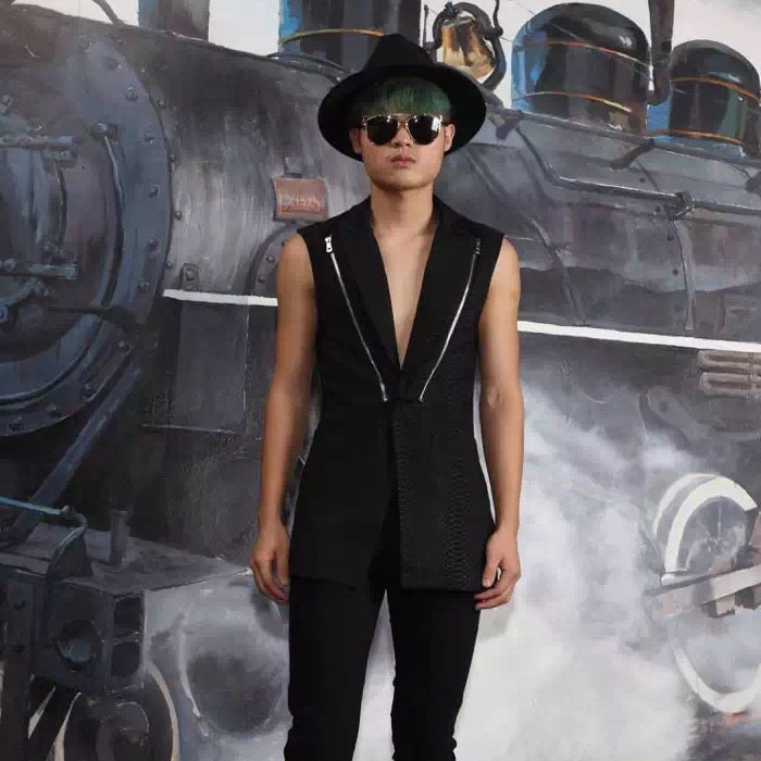 

2021 New Spring Summer Korean Version Pair of Long Coats Haircuts Club Sleeveless Jacket Vest to Match Male Fashion. Z5YR, Black