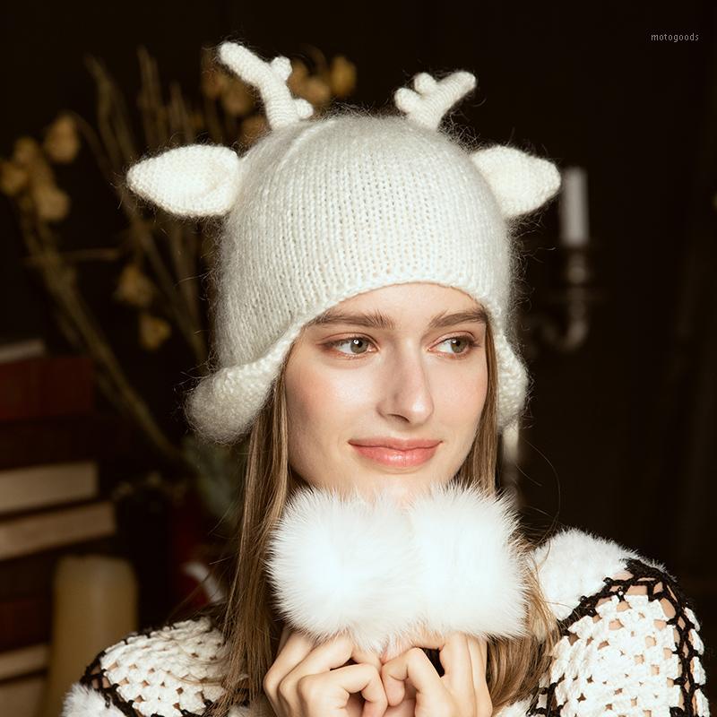 

X035 Adult Knitting Hats New Year Gift Handmade Winter Deer Warm Woolen Cap Korean Sweet Cute Knitted Hat Christmas Gift Hat1, Brown