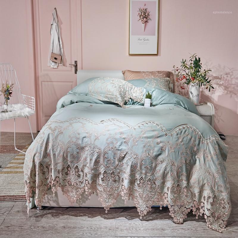 

42Pink Golden Blue Luxury Bedding Set Queen King Bed set Lace Cotton Bedsheet Bed linen Duvet cover parrure de lit ropa de cama1, Bedding set 3