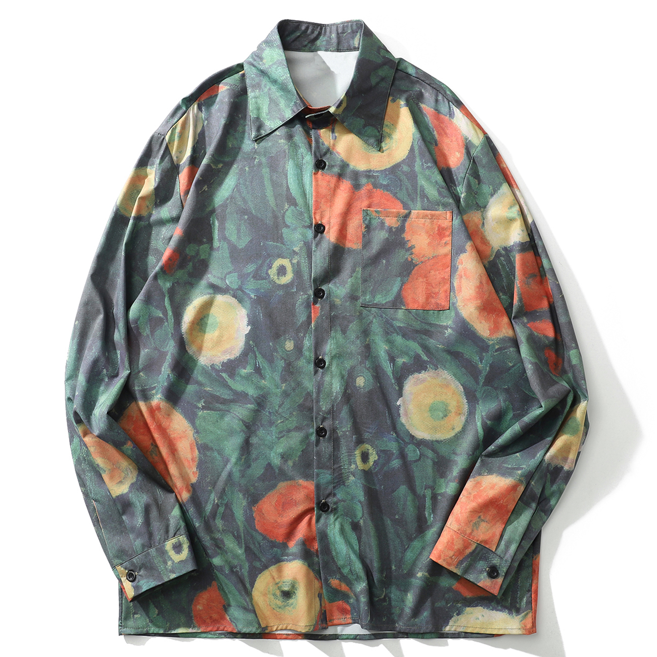 

2021 New Hip Hop Streetwear Painting Print Casual Shirts Autumn Harajuku Fashion Cotton Long Sleeve Outwear Vintage Oversized Shirt G2mf, Green