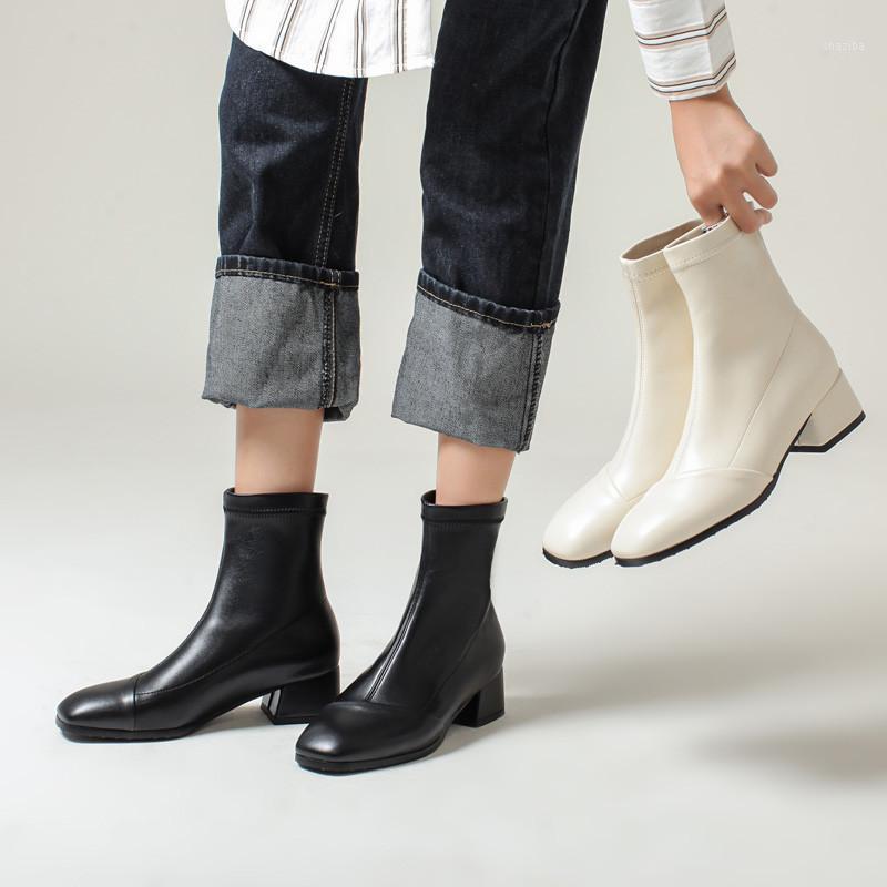 

YQBTDL Fashion Sexy Beige Black Short Womens Boots Chunky Heels Winter Ladies Office Dress Shoes Slip on Stretch Pu Ankle Boots1, Hei rong li