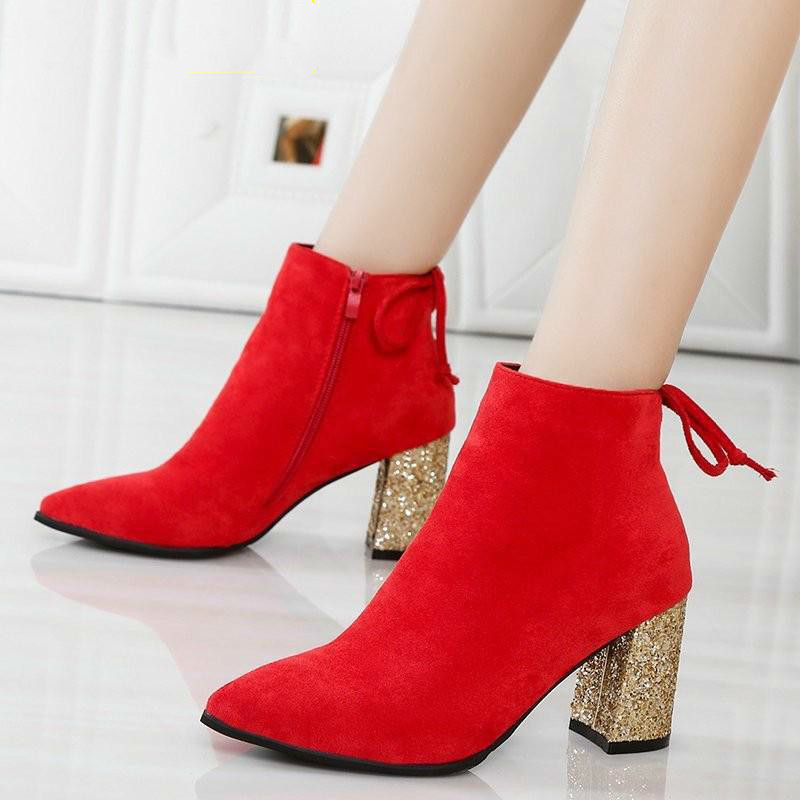 

Shoes High-quality Women's Winter Casual High Heels of Hot Gold Ankle Boots Mujer Zapatos Sxrk, Red