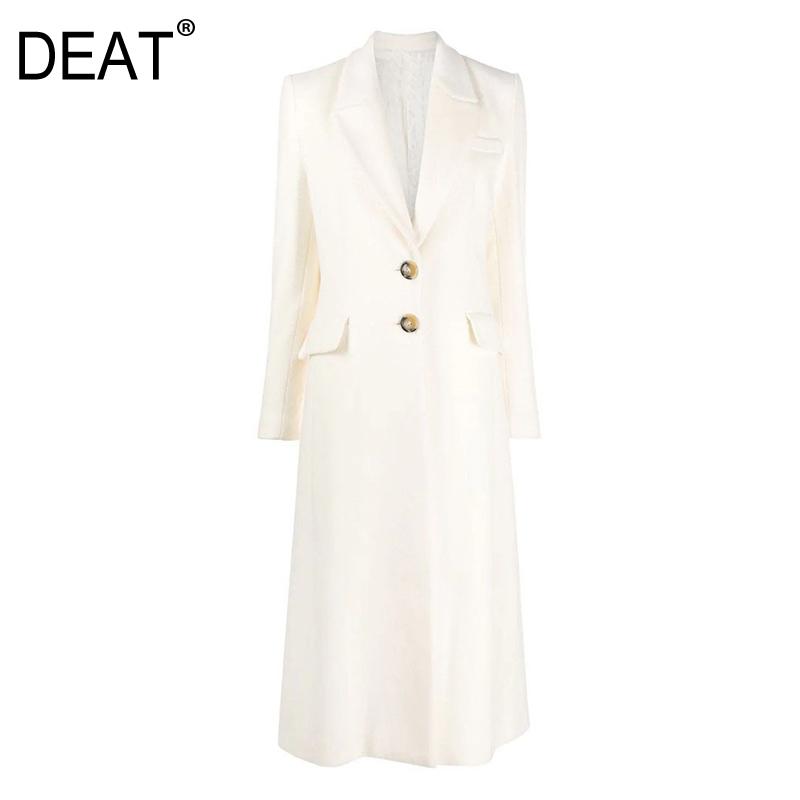 

DEAT Woolen Coat Solid White Long Length Elegant Lapel Collar High Street Button Thick Slim 2020 New Autumn Winter Fashion HC082