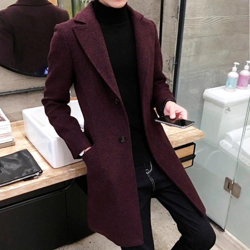 Men's Wool Winter Woolen Coat Men Leisure Long Sections Woolen Coats Mens Pure Color Casual
