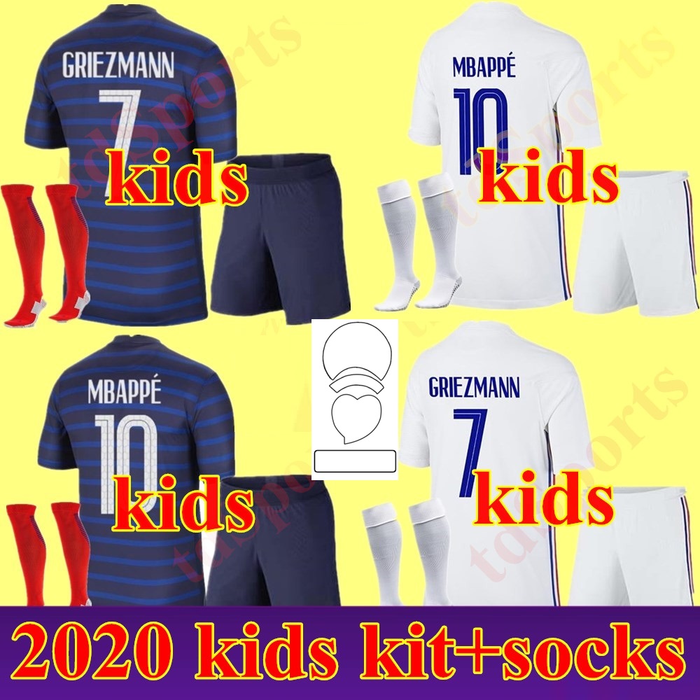 

France kids kit MBAPPE soccer jerseys child 2020 2021 GRIEZMANN POGBA Football shirts 20 21 PAVARD KANTE boys Full set Uniform, Home+patch