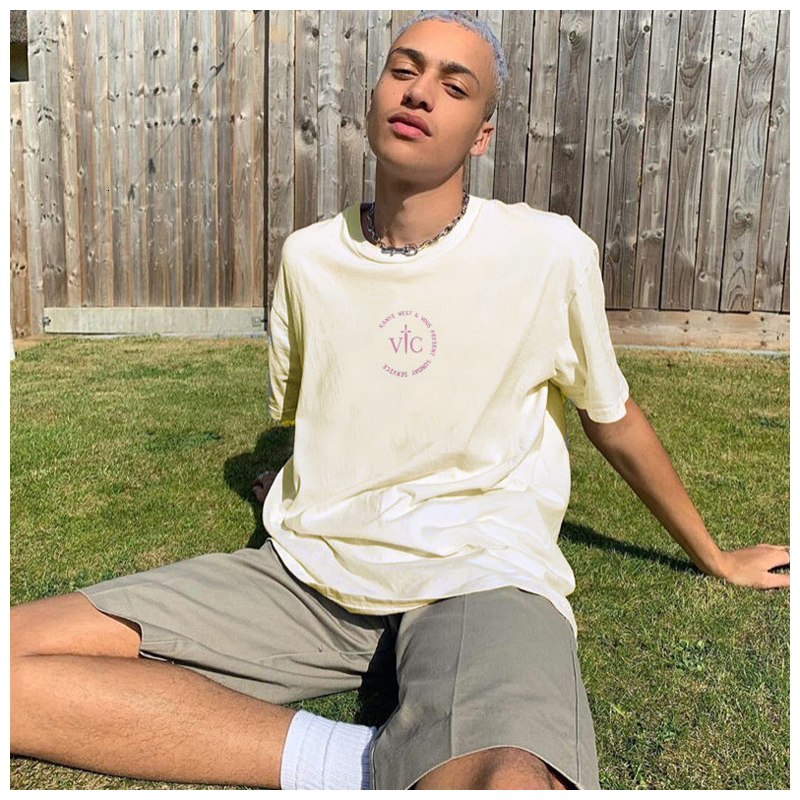 

2021 New American Style Season6 High Street Pure Cotton Round Neck Short Sleeve Men' Sunday Service Printed T-shirt Couple 7ou8, Ivory