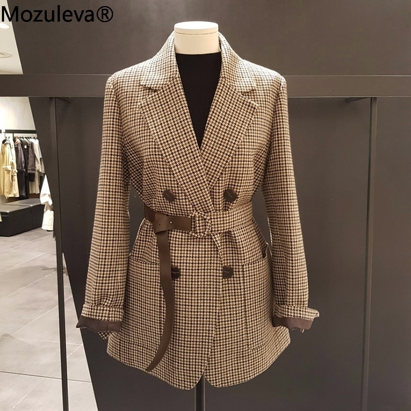 

Mozuleva Korean Plaid Women Work Blazer Jacket Casual Double-breasted Sashes Suit Jacket Female Slim Female Blazer Outwear 201023, Apricot