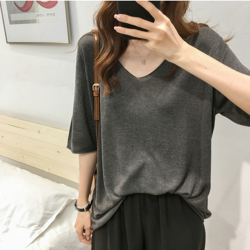 

2021 New Simple female summer solid colour great in v sleeve t-shirt legal drawing ice silk knitted or crocheted short sleeves, Sky blue.