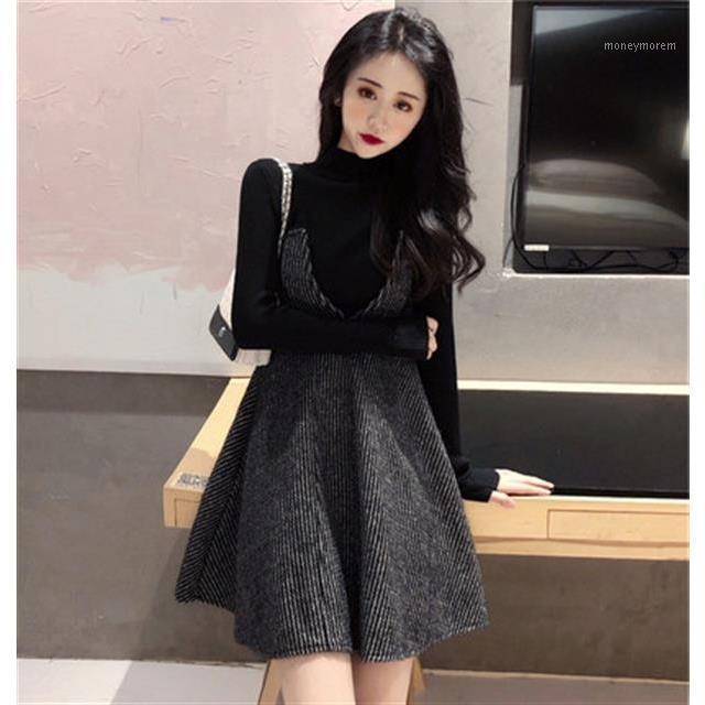 

Net red autumn winter suit women 2020 new style fashion temperament thin knitting sling skirt two piece set1, Black