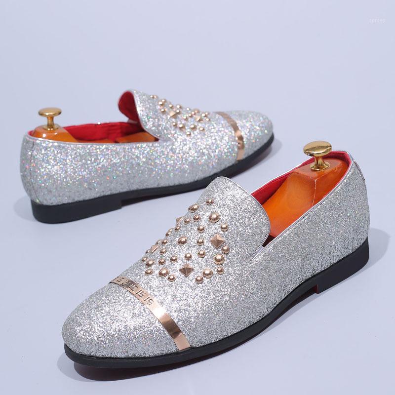 

Luxury Classic Men Fashion Glitter Loafers Shoes Mens Dress Shoes 2020 Slip on Man Formal Wedding Party Zapatos De Hombre1, Silver