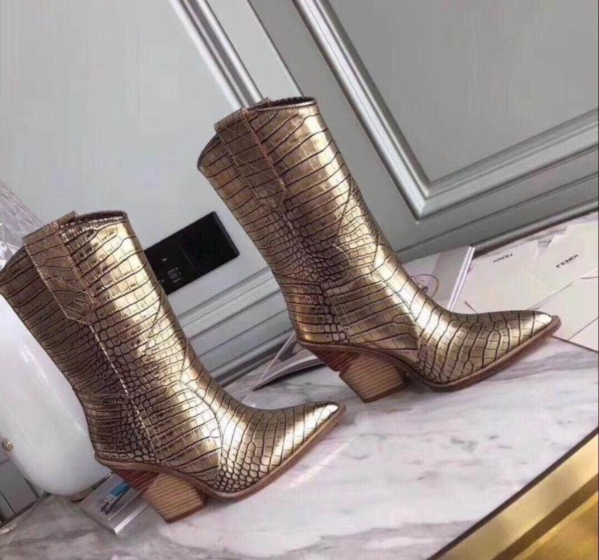 

New Western Patched Strange Style Heels Women Mid Calf Boots Python Leather Ladies Short Boots Wood Highed Heels Female, Color 7