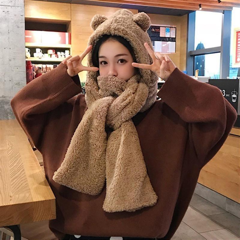

Korean Lamb Wool Hat Scarf Together Autumn And Winter Warm Students beanie All-match Cute Tide Riding Hat fall bonnets for women, Two piece set-khaki