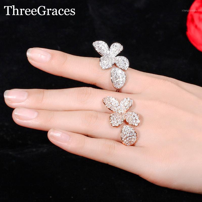 

Band Rings Threegraces Elegant Cubic Zirconia Pave Setting Unique Flower Open Adjustable Finger Ring Jewelry For Women Dancing Party RG087, Silver