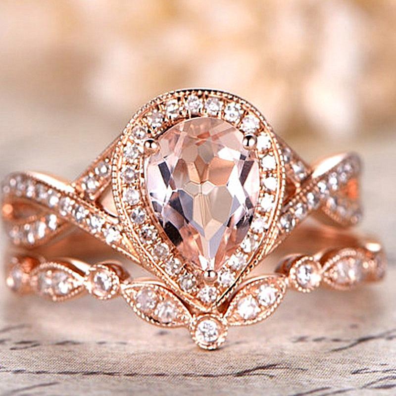 

Champagne Gold Filled Fashion Design Shiny Zircon Inlaid Bridal Wedding Ring Set