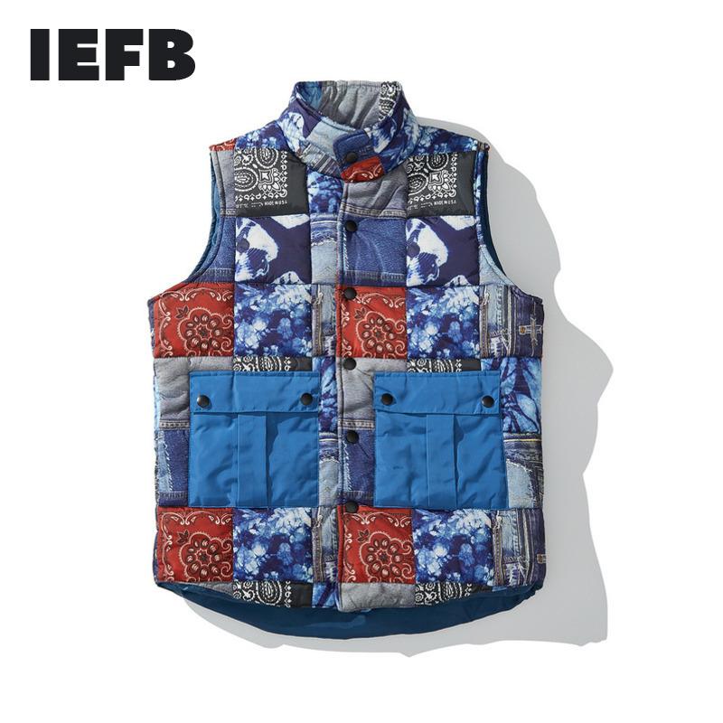 

IEFB men's Streetwear sleeveless cotton padded vest hip hop cashew flower mosaic pattern autumn winter fashion waistcoat thick, Green