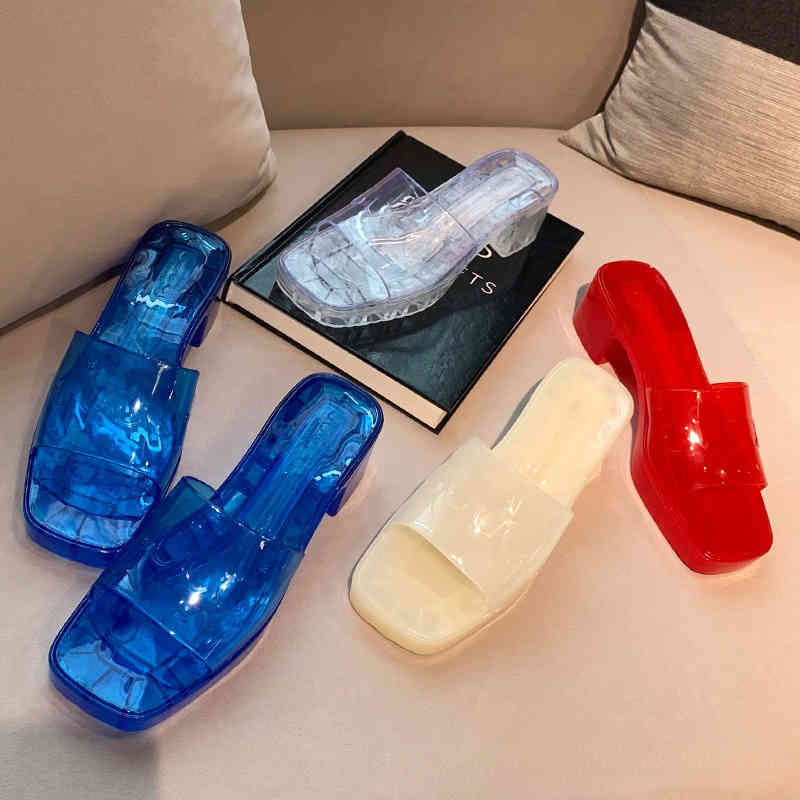 

2022 summer new transparent jelly shoes with thick heels and women's sandals with flip flops and crystal plastic slippers, Transparent red