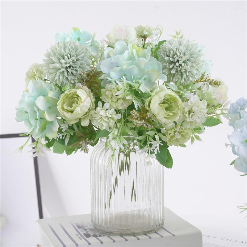 

Mix floral beautiful peony artificial flowers hydrangea silk fake bouquet for home wedding decoration dandelion foam plastic TDH1, Blue