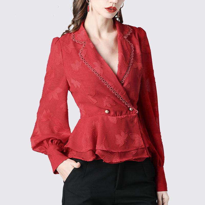 

Fashion Floral Chiffon Shirt Women New 2021 Spring Slim Notched V-Neck Ruffles Peplum Top Plus Size Office Work Ladies Blouses, White