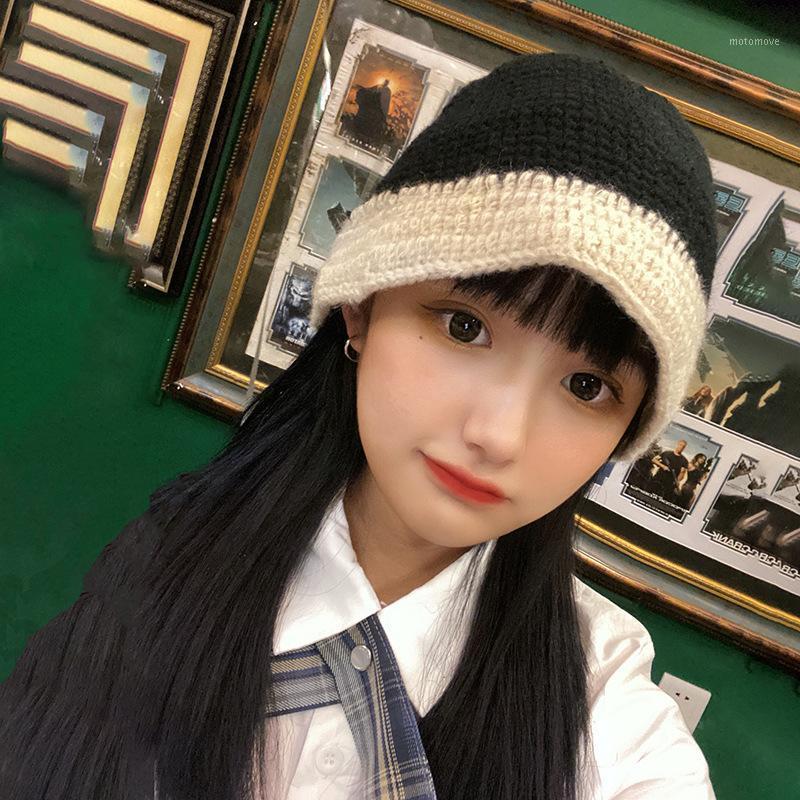

Korean Version of Women's Color Block Warm Basin Cap. Winter Warm Wool Hat Fisherman's Hat. Japanese Knitted Bucket Cap1, Black