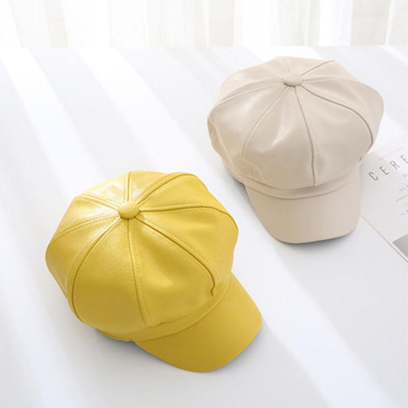 

New Arrival Men Women PU Leather Beret Cap Painter Hat Solid Color Retro for Autumn Winter, Yellow