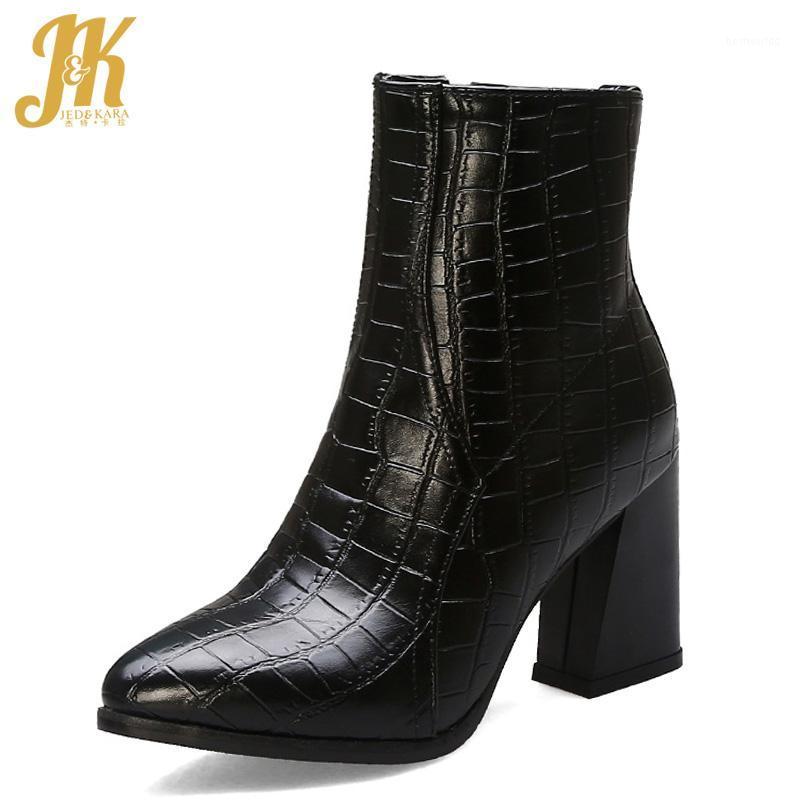 

JK Emboss Pu Ankle Boots Women High Heels Hoof Booties Ladies Zip Shoes Female Pointed Toe Shoes Female Party Winter 20201, White short plush