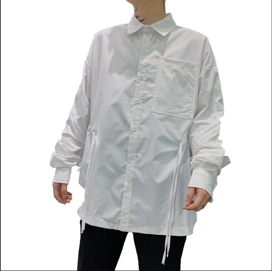 

2020 Summer Spring and Male Shirt with Long Sleeves Loose Pop Drawstring Pointed Wild Collar Big Size Clothes Zgg2, White
