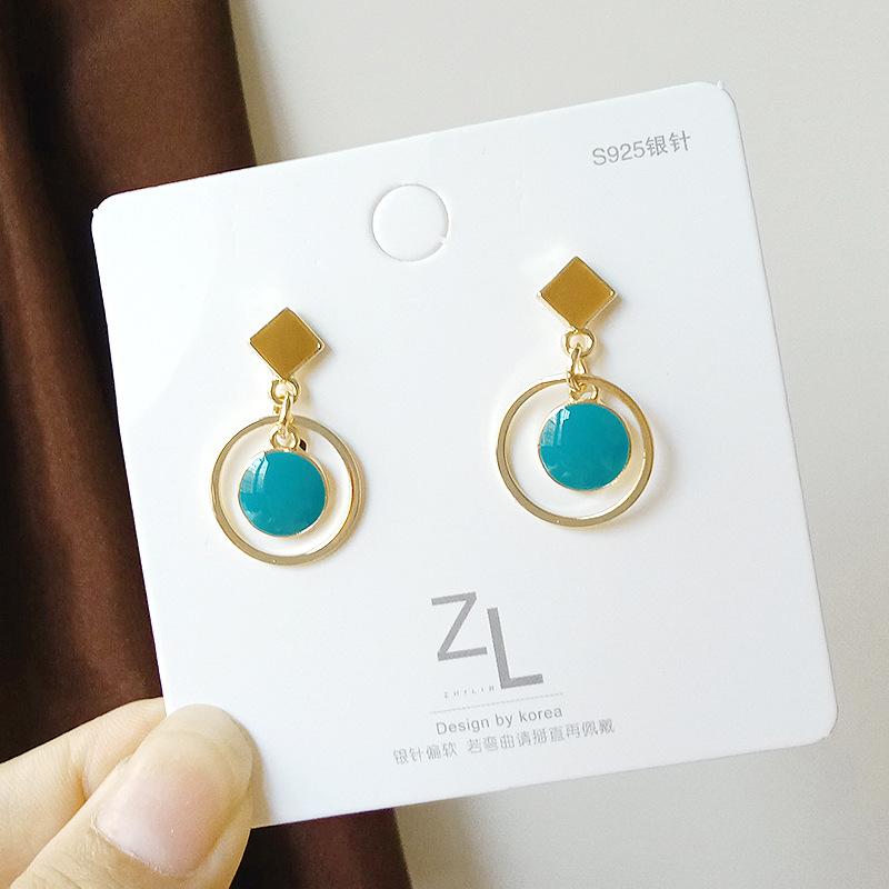 

Korean Style Temperament Blue Color Enamel Geometric Round Short Drop Earrings for Women Valentine's Day gift Boucles d'oreilles