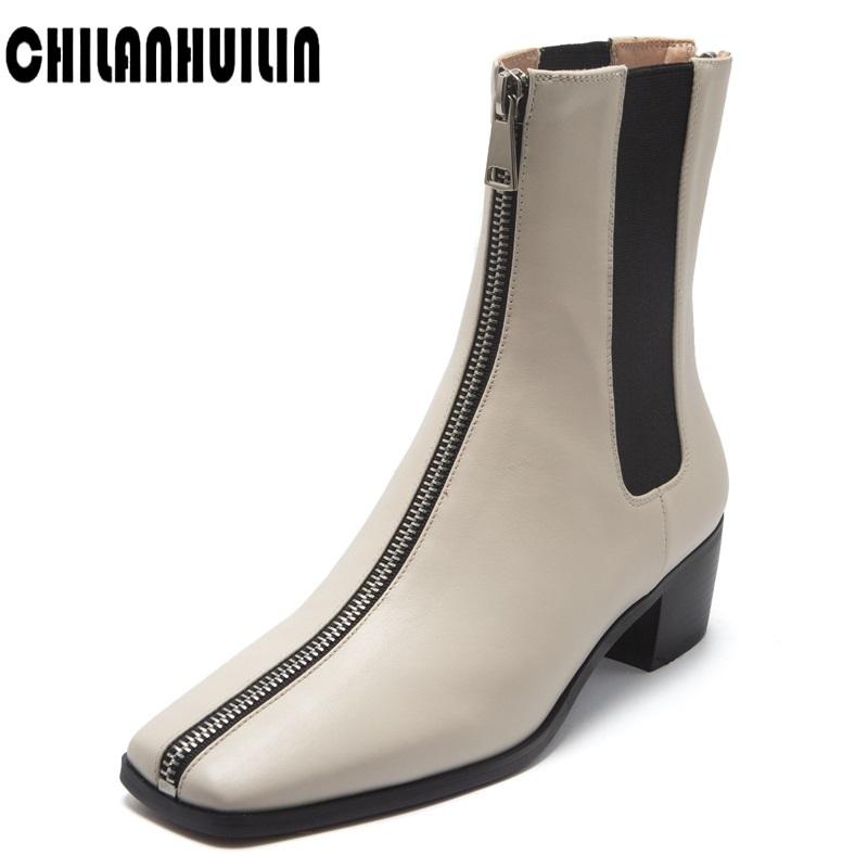 

New autumn winter mature black booties ladies concise ankle boots women 2020 low heels genuine leather zipper shoes woman, Beige