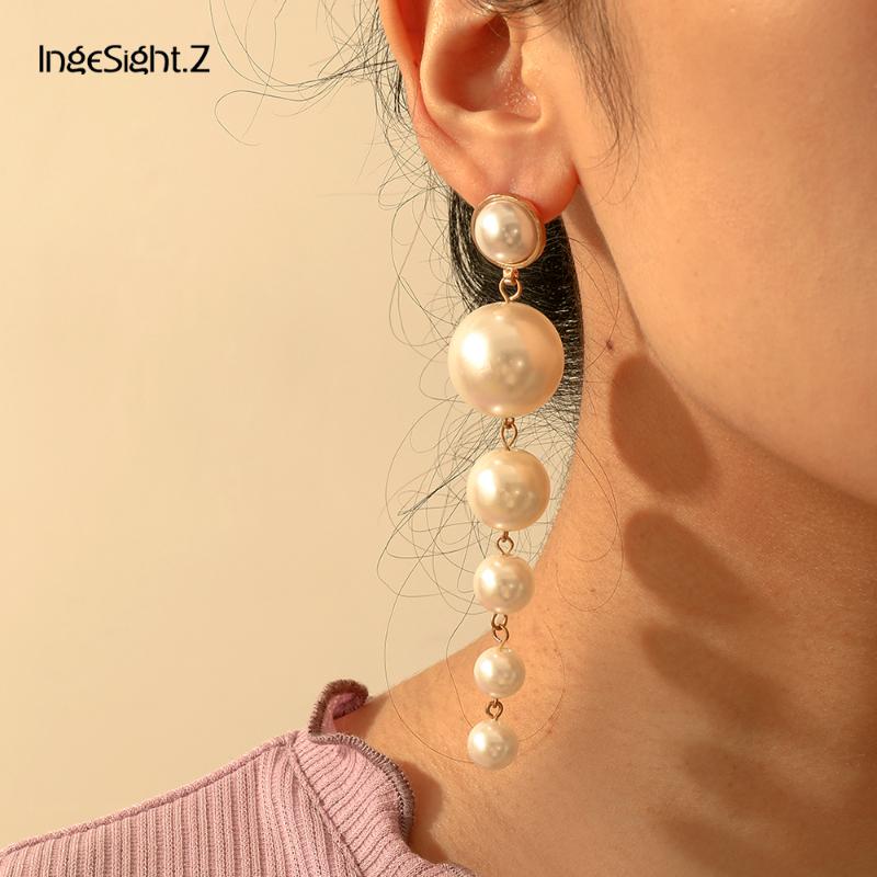 

IngeSight.Z Korean Imitation Pearl Chain Dangle Drop Earrings fro Women Statement Gold Color Hanging Earrings Brincos Jewelry