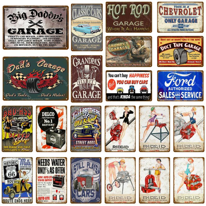 

2021 Funny Designed Hot Rod Garage Decor Vintage Metal Tin Signs Classic Car Motor Battery Tools Wall Art Plate Shabby Chic Painting Plaque