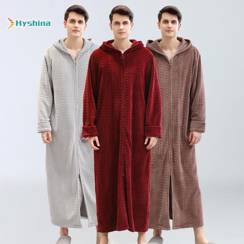 

Men's Winter Flannel Pajamas Plush Zipper Hooded Bathrobe Nightgown, Brown
