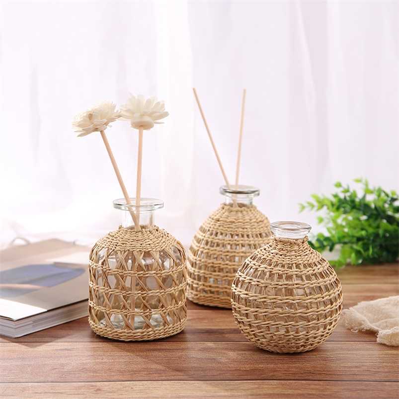 

Japanese Style Hand-woven Glass Aroma Vase Small Diameter Dried Flowers Dining Table Decoration Plant Pots Decorative 211222