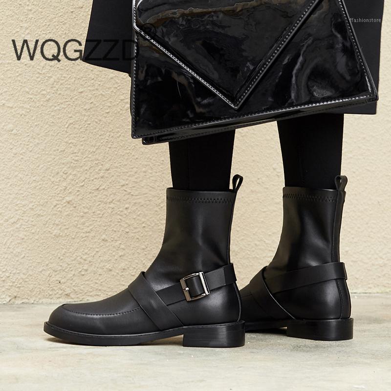 

New winter ankle boots women's shoes cow leather buckle decoration Motorcycle boots women's ankle botas mujer1, Black